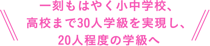 一刻もはやく小中学校、高校まで30人学級を実現し、20人程度の学級へ