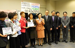共産党国会議員団に署名を提出する笠井会長（左から４人目）ら＝２月２４日、衆院第２議員会館